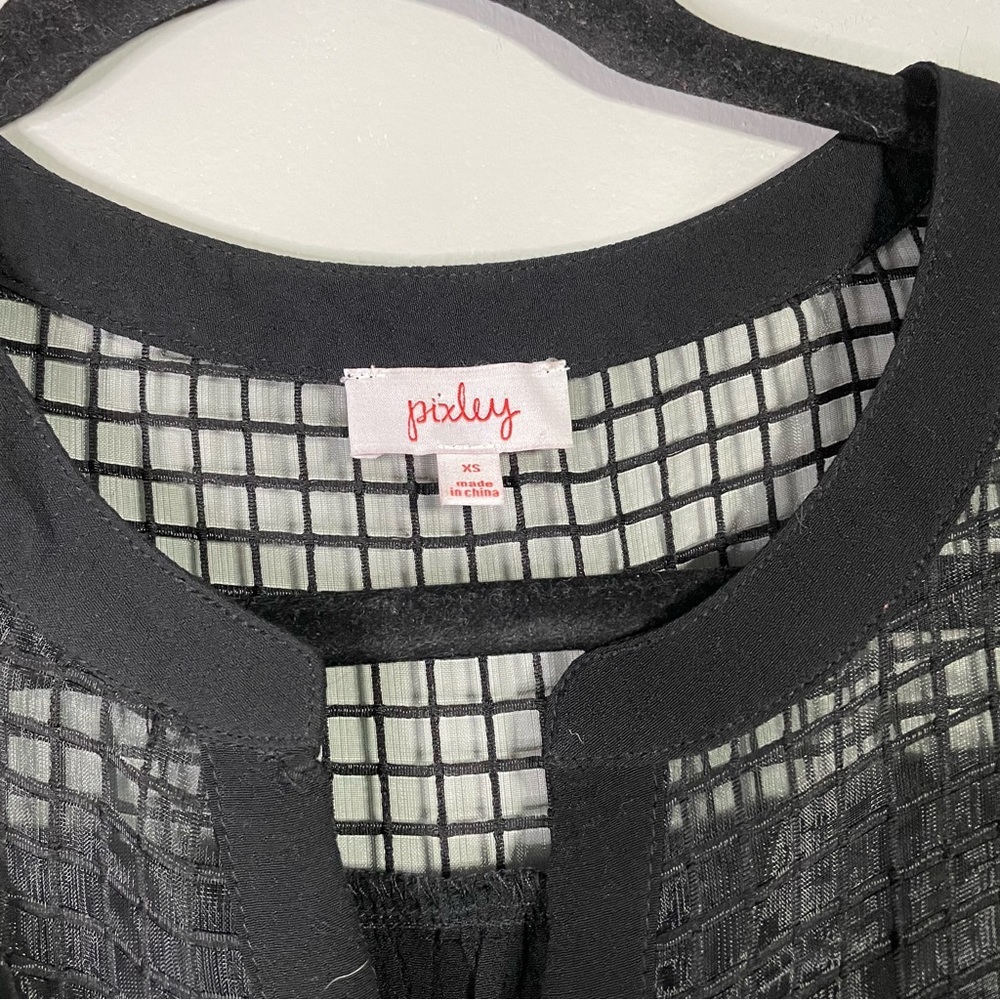 Pixley Black Sleeveless V Cut Mesh Lace Neckline Business Casual Office Blouse - Picture 4 of 6